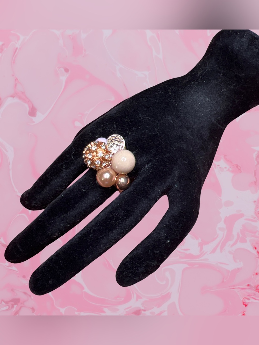 J. CREW ROSE GOLD-TONE FAUX PEARL CRYSTAL RHINESTONE CLUSTER COCKTAIL RING